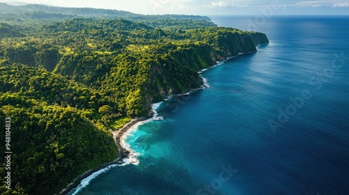 Aerial shot of a winding coastline bordered by lush green forests and deep blue ocean waters