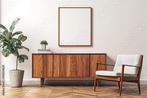 This is a front view of the interior of a bright living room with an empty poster on the wall