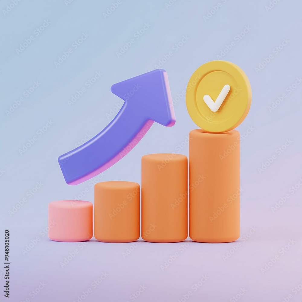 Colorful 3D graph illustrating growth and success with an arrow and checkmark symbol, perfect for business or finance themes. Colorful 3D graph illustrating growth and success with an arrow and checkmark symbol, perfect for business or finance themes.