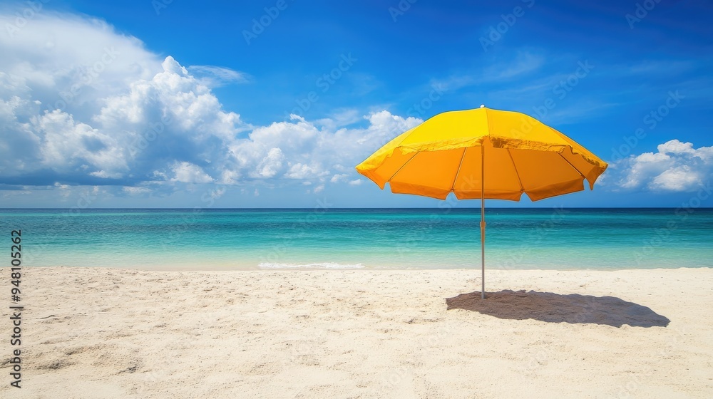 Bright yellow beach umbrella casting shade on a sandy shore, with the ocean in the background Bright yellow beach umbrella casting shade on a sandy shore, with the ocean in the background