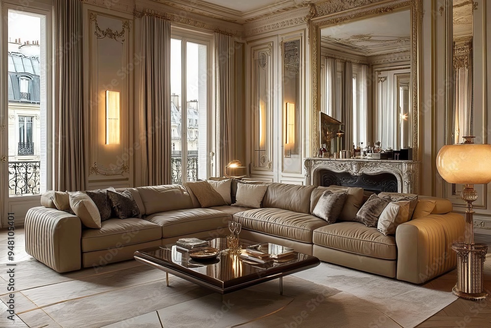 Fototapeta premium Featuring generative AI, this modern living room features a brown leather sofa in an elegant design.