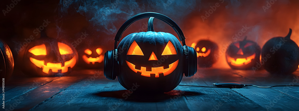 Halloween party. Jack O' Lantern pumpkin wearing headphones on background of scary Halloween night. Halloween party. Jack O' Lantern pumpkin wearing headphones on background of scary Halloween night.
