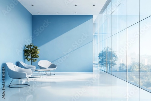 The reception area of a modern medical office hospital interior mockup is blue and white.