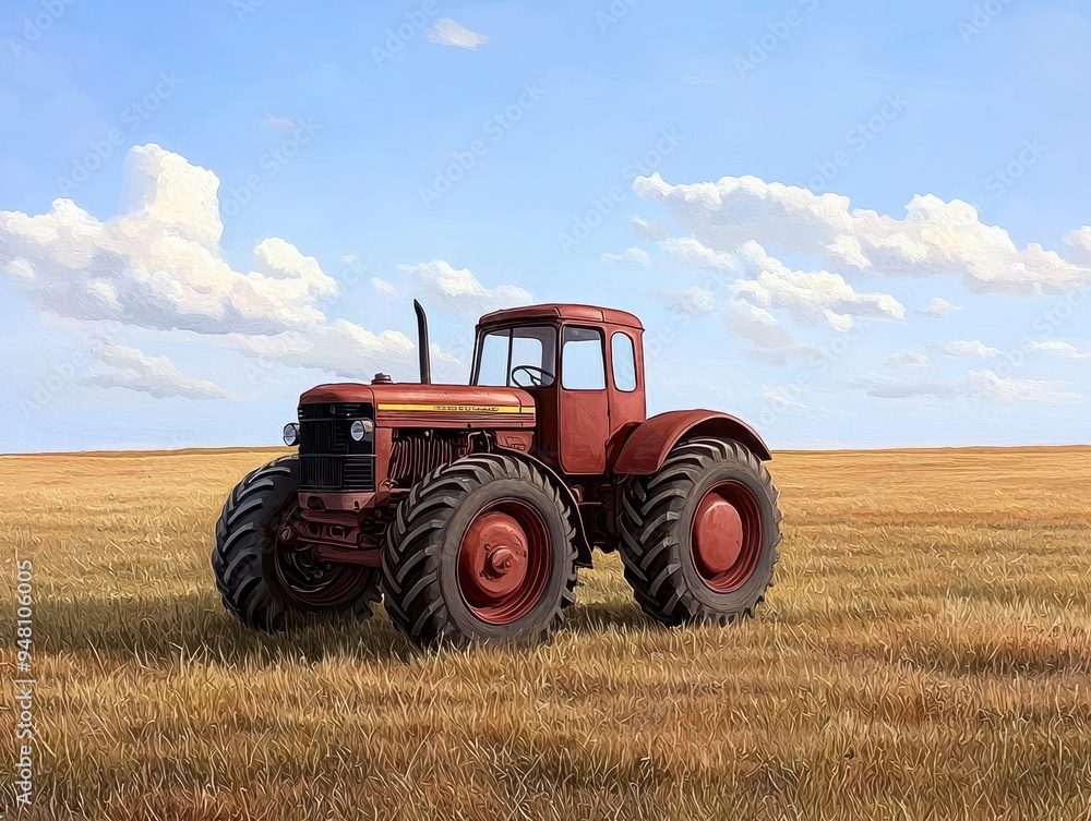 Fototapeta premium A vintage tractor rests in a golden field under a bright blue sky with fluffy clouds, showcasing agricultural beauty.