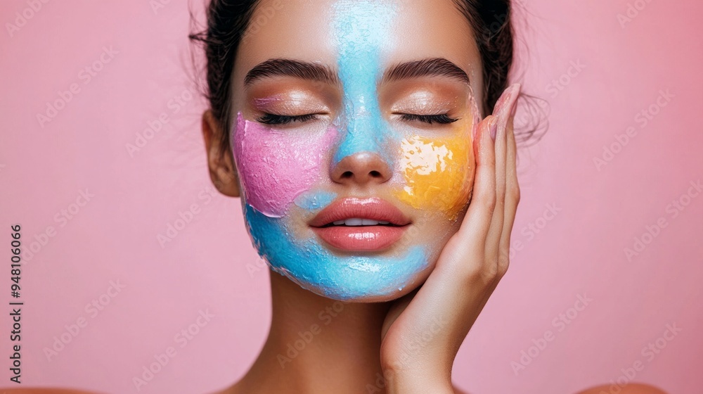 A woman with a colorful face mask on her face A woman with a colorful face mask on her face