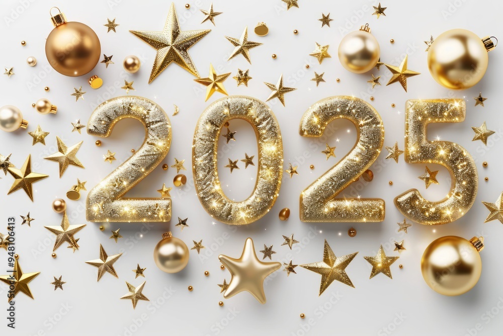 Golden decorations and stars with the year 2025 highlighted for New Year celebrations Golden decorations and stars with the year 2025 highlighted for New Year celebrations