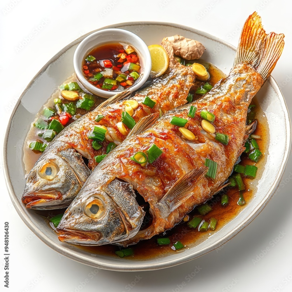 Steamed tilapia with ginger and scallions, soy sauce glaze, isolated on white background Steamed tilapia with ginger and scallions, soy sauce glaze, isolated on white background