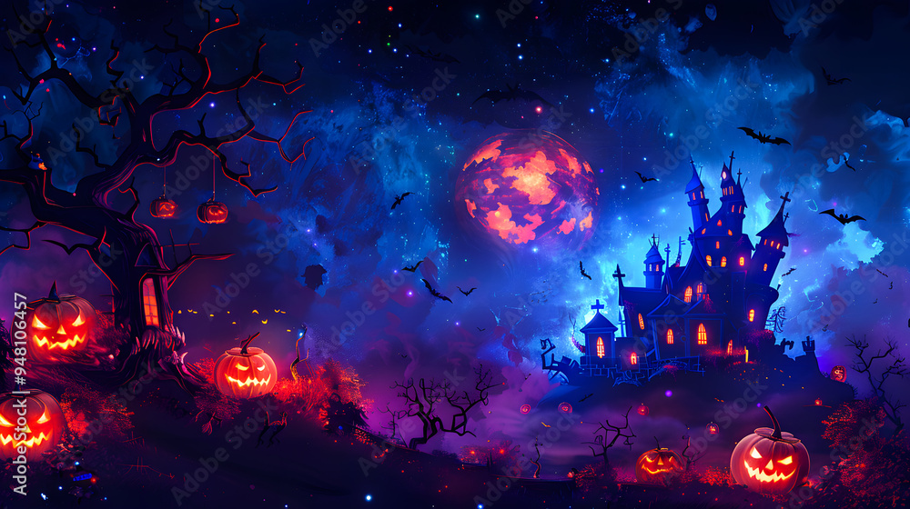 Haunted house, pumpkin patch at night by full moon light Haunted house, pumpkin patch at night by full moon light