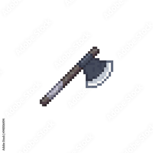 Axe pixel art style icon, indian weapon tomahawk, cold steel arms, isolated vector illustration. Design for sticker, mobile app and logo. Game assets 8-bit sprite.