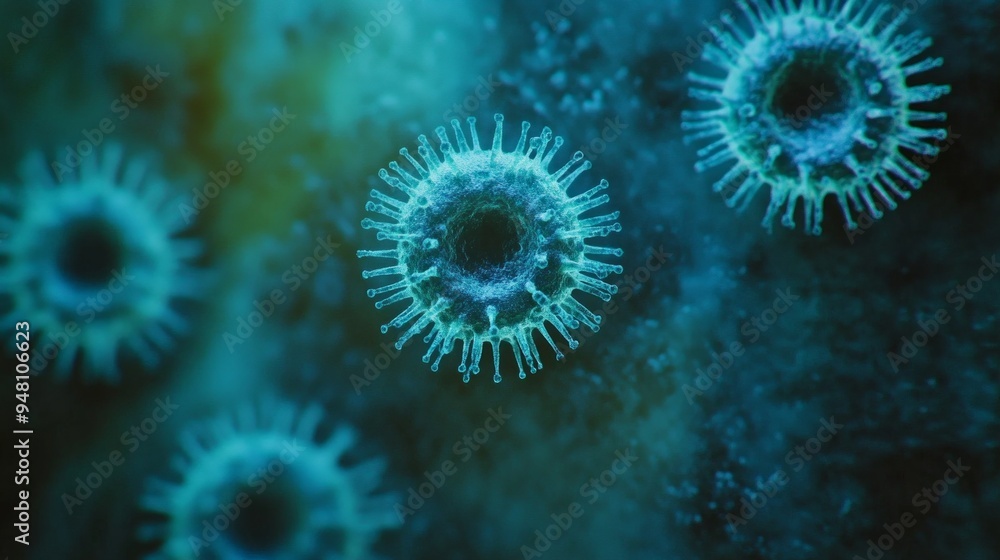 A close up of a blue virus with a green center A close up of a blue virus with a green center