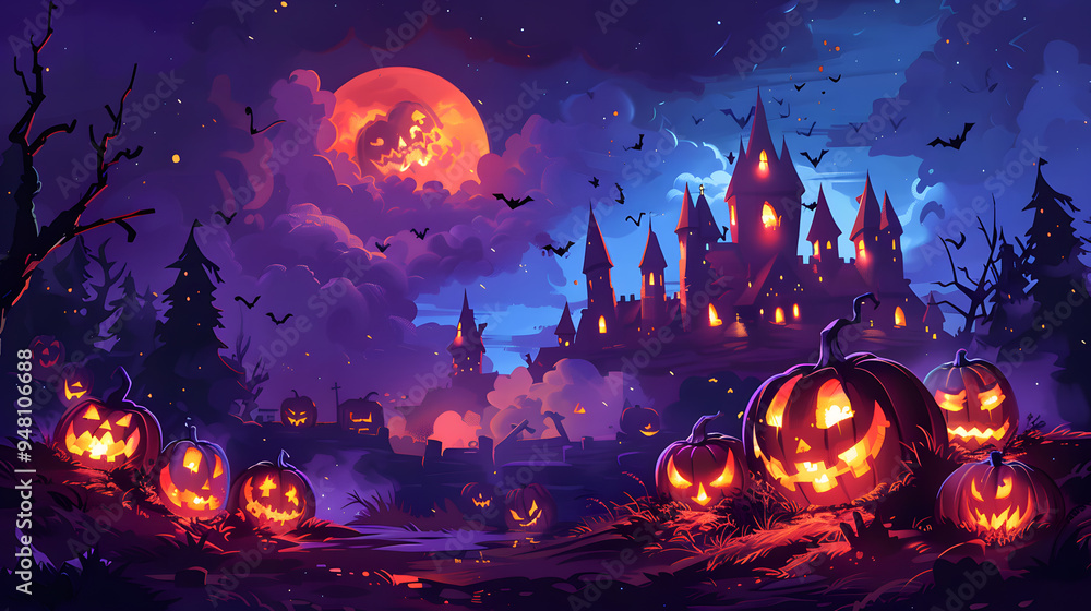 Haunted house, pumpkin patch at night by full moon light Haunted house, pumpkin patch at night by full moon light