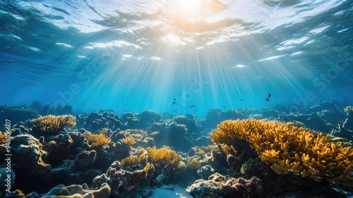 Coral reef teeming with life in a clear blue ocean, sunlight streaming through the water