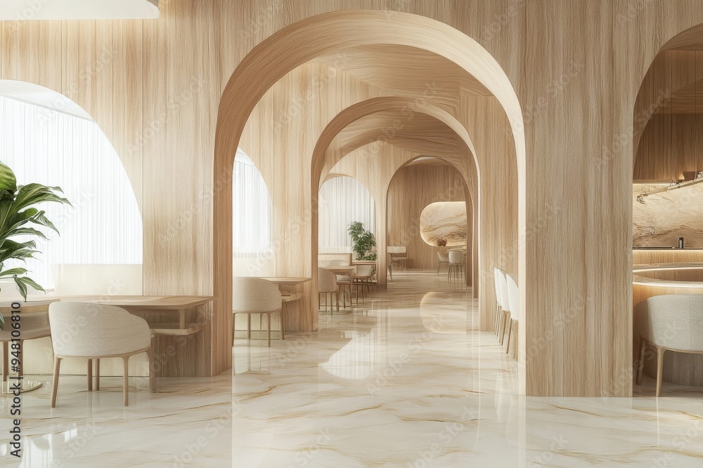An abstract wood paneling arched wall created a minimalist interior design for a modern dining room. An abstract wood paneling arched wall created a minimalist interior design for a modern dining room.