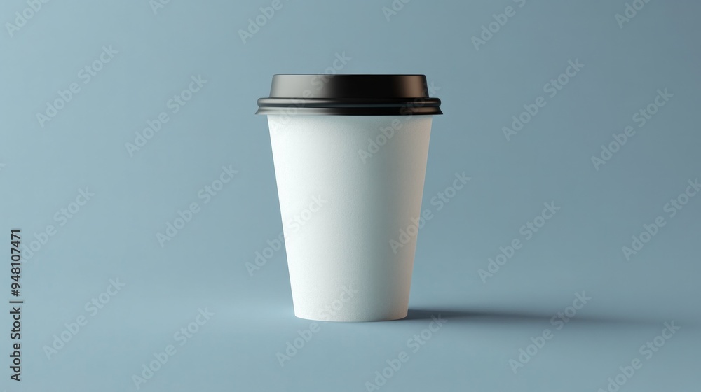 A white coffee cup with a black lid sits on a blue background A white coffee cup with a black lid sits on a blue background