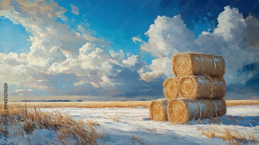 Scenic landscape featuring stacked hay bales under a vibrant sky with ...