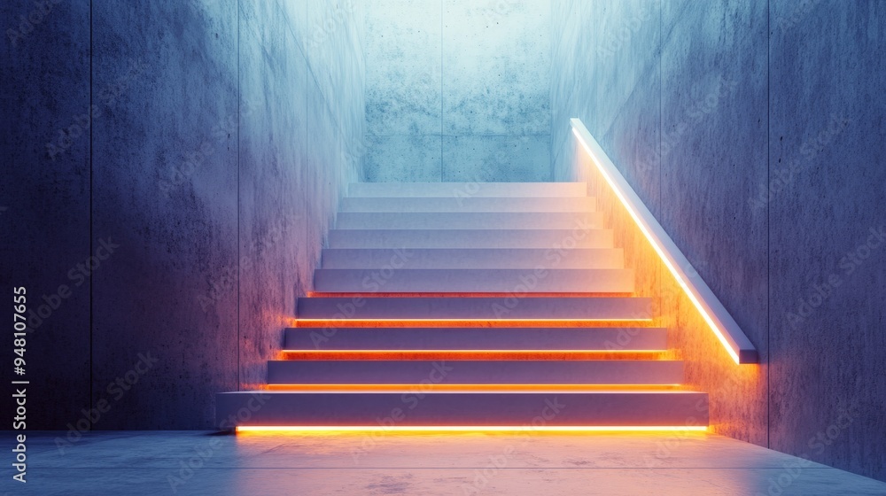 Interior design of a futuristic home featuring concrete steps and backlit alabaster panels. Interior design of a futuristic home featuring concrete steps and backlit alabaster panels.