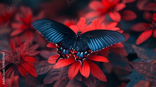 A black butterfly is sitting on a red flower photo