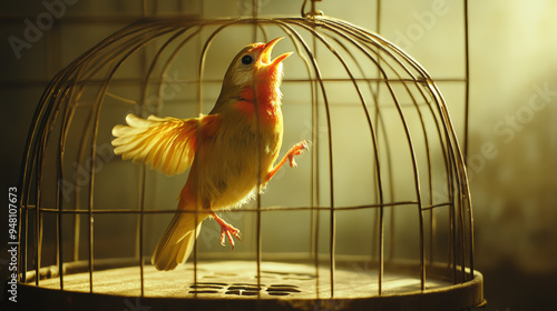 A bird is in a cage and is singing photo