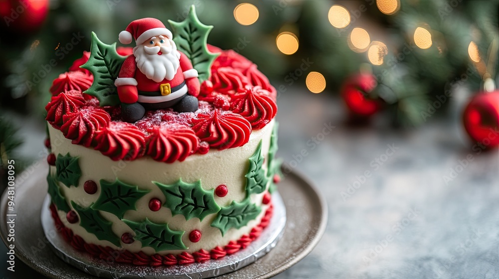 A festive Christmas cake decorated with red and green icing, holly leaves, and a small Santa figurine. A festive Christmas cake decorated with red and green icing, holly leaves, and a small Santa figurine.