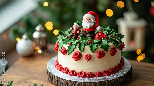 A festive Christmas cake decorated with red and green icing, holly leaves, and a small Santa figurine.