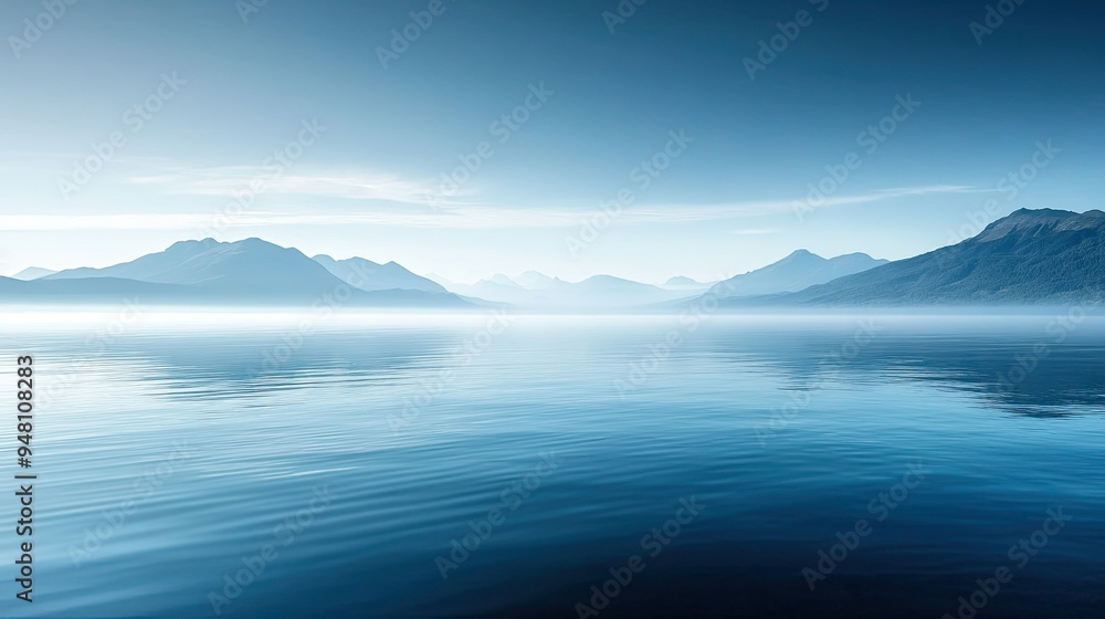 Morning fog lifting over a tranquil blue ocean, with distant mountains just visible on the horizon Morning fog lifting over a tranquil blue ocean, with distant mountains just visible on the horizon