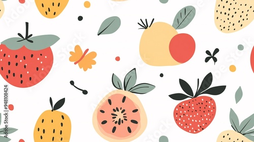 Summer Fruit Seamless Pattern: A cheerful and vibrant seamless pattern featuring juicy strawberries and citrus fruits in a playful, hand-drawn style. 