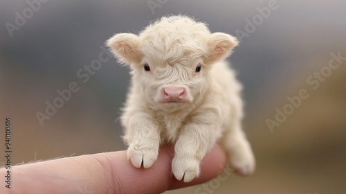 A baby cow is laying on a person's hand