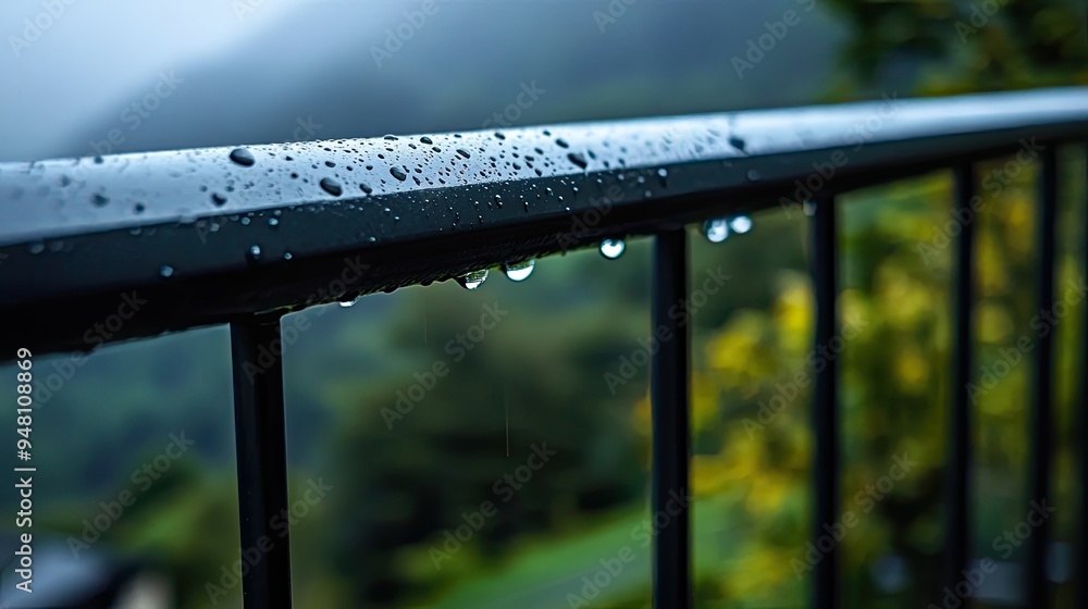 Rain drops on a metal railing, with soft focus on the surrounding landscape Rain drops on a metal railing, with soft focus on the surrounding landscape
