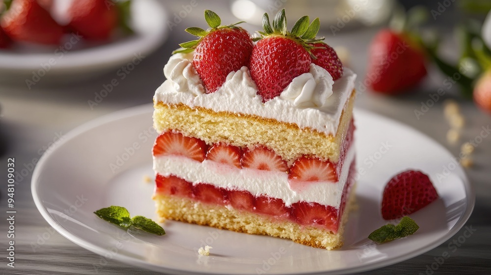 A slice of strawberry shortcake with layers of whipped cream and fresh strawberries, served on a white plate. A slice of strawberry shortcake with layers of whipped cream and fresh strawberries, served on a white plate.