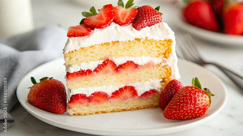 A slice of strawberry shortcake with layers of whipped cream and fresh strawberries, served on a white plate. A slice of strawberry shortcake with layers of whipped cream and fresh strawberries, served on a white plate.