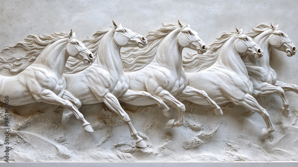 A close-up shot of a wall relief showing dynamic galloping horses, set against a clean white background. Ai generated A close-up shot of a wall relief showing dynamic galloping horses, set against a clean white background. Ai generated