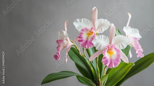 A bouquet of pink and white flowers with yellow centers photo