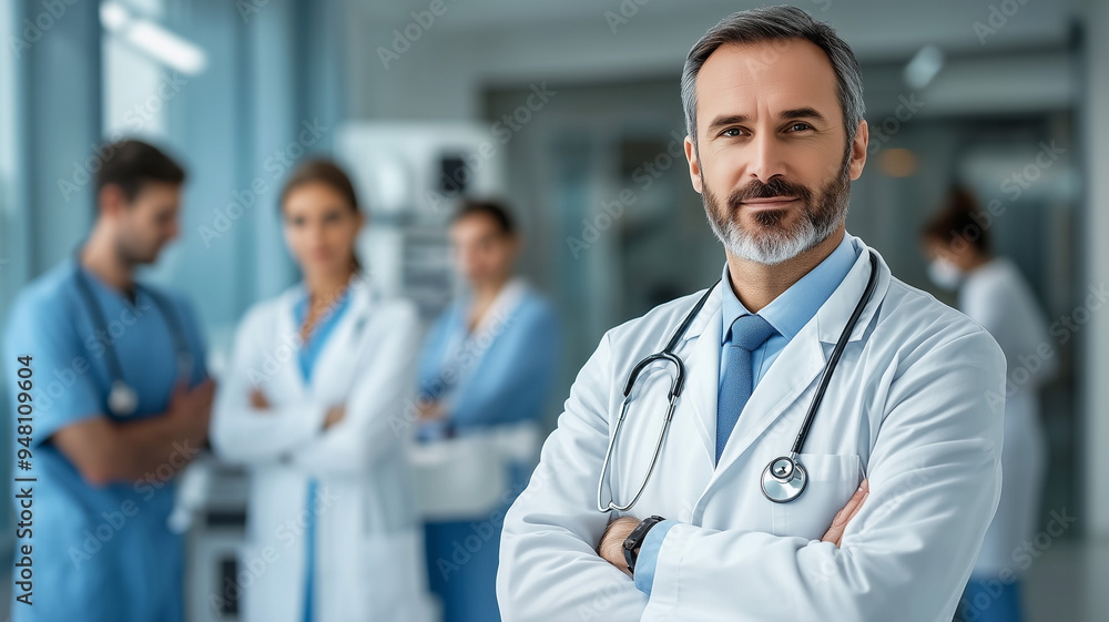 A confident doctor standing in the foreground with a medical team working diligently in the background. Ai generated A confident doctor standing in the foreground with a medical team working diligently in the background. Ai generated