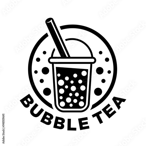 Bubble tea logo vector with white background. Milk tea. Black and white. Hand draw