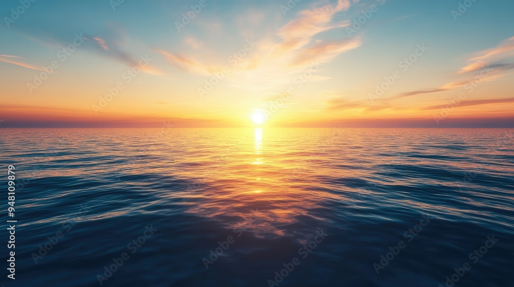 Fototapeta premium Sunrise over a still blue ocean, with golden light spreading across the horizon and reflecting on the water