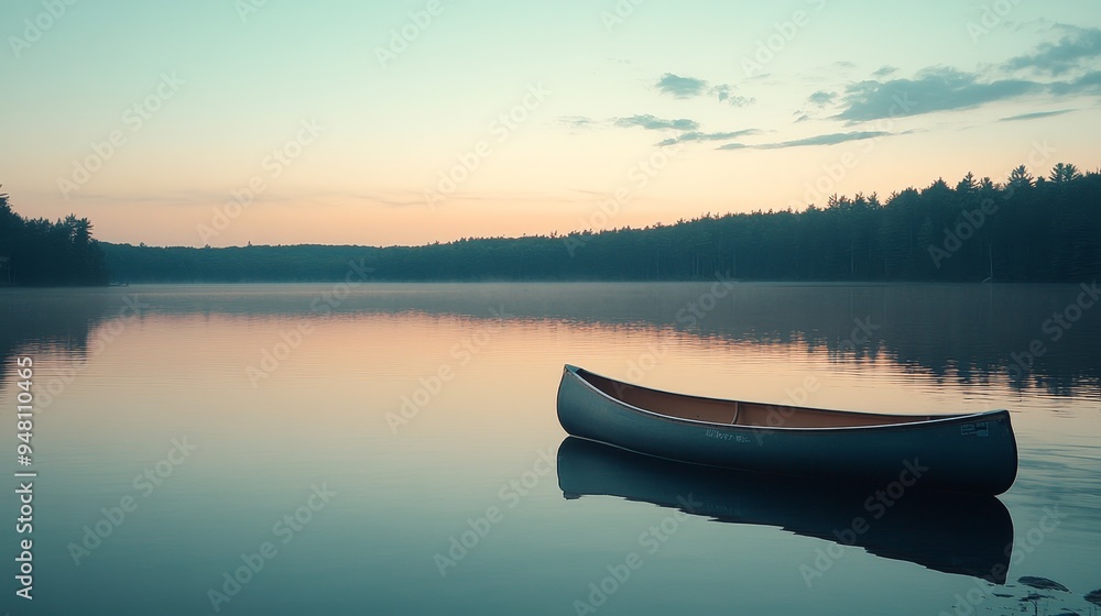 Tranquil scene of a solitary canoe floating on a misty lake at sunset, silhouetted against a pastel sky and surrounded by a pine forest shoreline