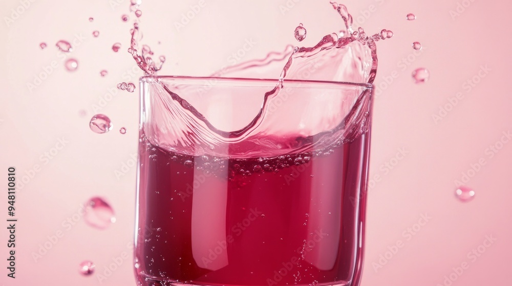 A glass of pink liquid with a splash of water A glass of pink liquid with a splash of water