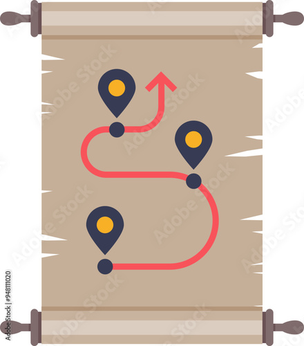 Ancient scroll map with route and waypoints, symbolizing a strategic journey or path.