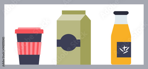 A coffee cup, juice bottle, and milk carton represent a variety of beverages.