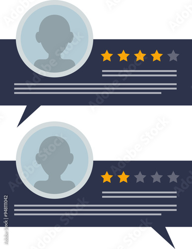 Two user comment bubbles with profile silhouettes and star ratings, symbolizing online reviews and feedback.