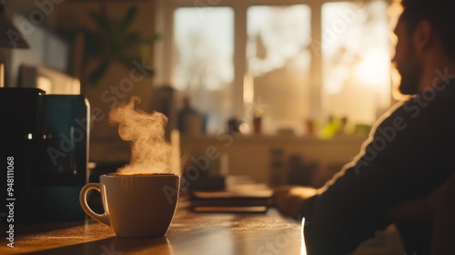 A man is sitting at a table with a white coffee cup in front of him