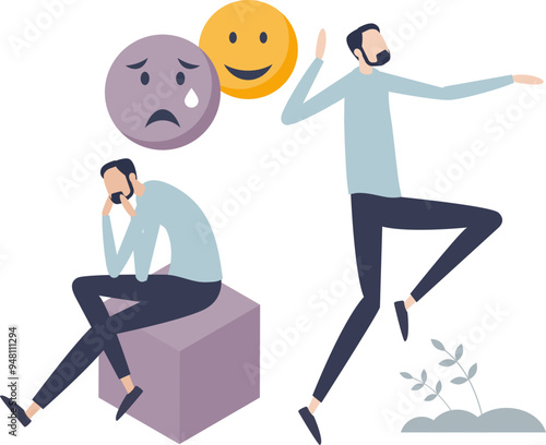 Image depicts bipolar disorder: one figure joyful, another distressed, with emotive masks.