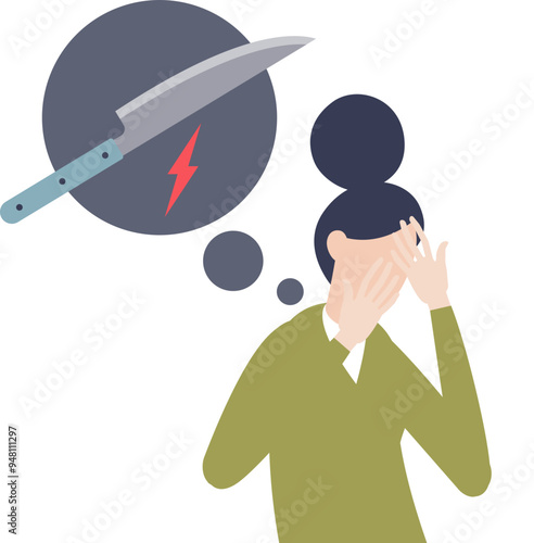 Illustration of a person with head in hands, thought bubble with a knife and lightning, symbolizing PTSD.