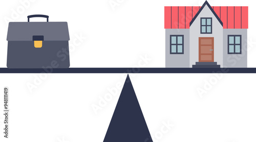 A briefcase and a house balanced on a scale, symbolizing work-life balance.