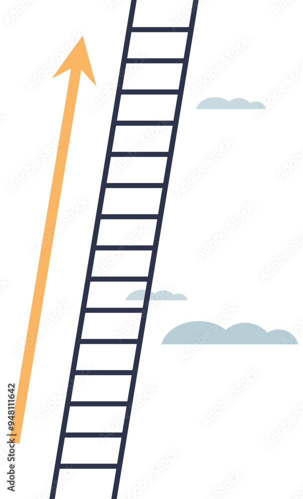 A ladder reaching towards the sky with an upward arrow symbolizing growth and success.