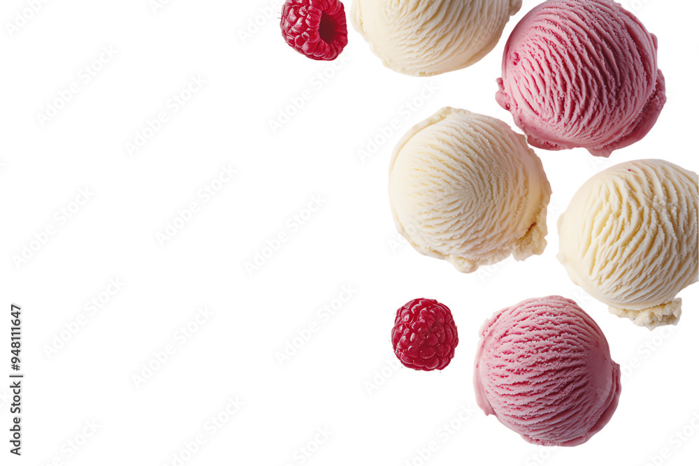 Raspberry Ripple Delight: Scoops of vanilla and raspberry ice cream tumble through a pristine white background, accented by fresh raspberries, in a refreshing and indulgent visual treat. Raspberry Ripple Delight: Scoops of vanilla and raspberry ice cream tumble through a pristine white background, accented by fresh raspberries, in a refreshing and indulgent visual treat.