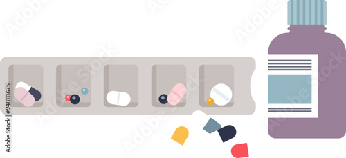 Illustration of a pill organizer and a medicine bottle with various pills and capsules, symbolizing medication management.