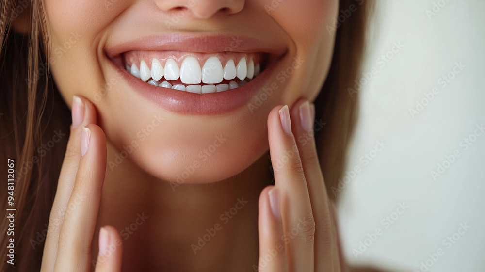 Obraz premium A woman with a beaming smile and flawless teeth, her fingers framing her face, standing against a clean, minimalist backdrop. Ai generated