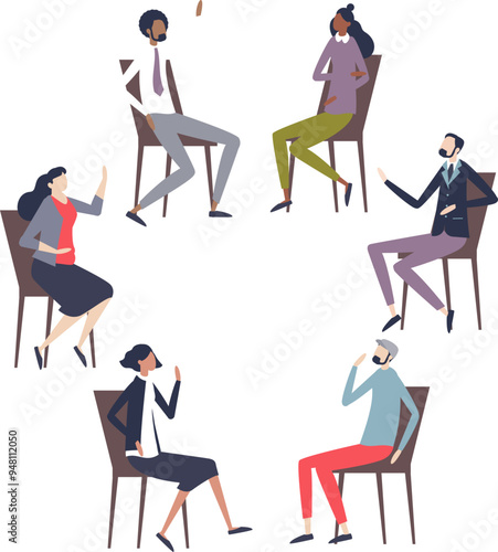 Illustration of diverse people sitting in a circle for a support group meeting, depicting unity and sharing.