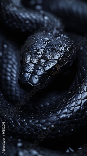 A sleek black snake rests its scales shimmering with moisture Intricate Japanese characters intertwine around it enhancing the sense of intrigue and serenity in this natural setting